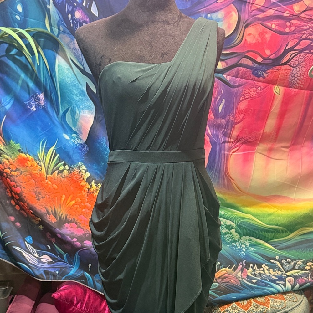 BCBGMaxAzria One-Shoulder Dark Green Dress holiday drape fem